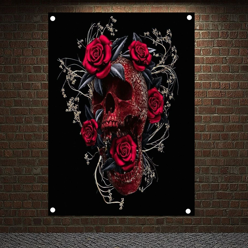 

Skull Rose Banners Tattoo Art Flags Canvas Painting Bar Cafe Home Decoration Scary Bloody Posters Tapestry Wall Hanging Mural