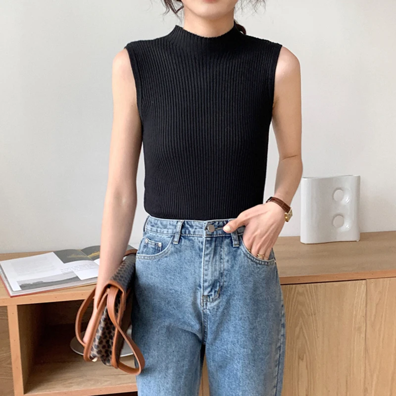 Сексуальные женские топы на бретелях с высоким воротником без рукавов Вязанный