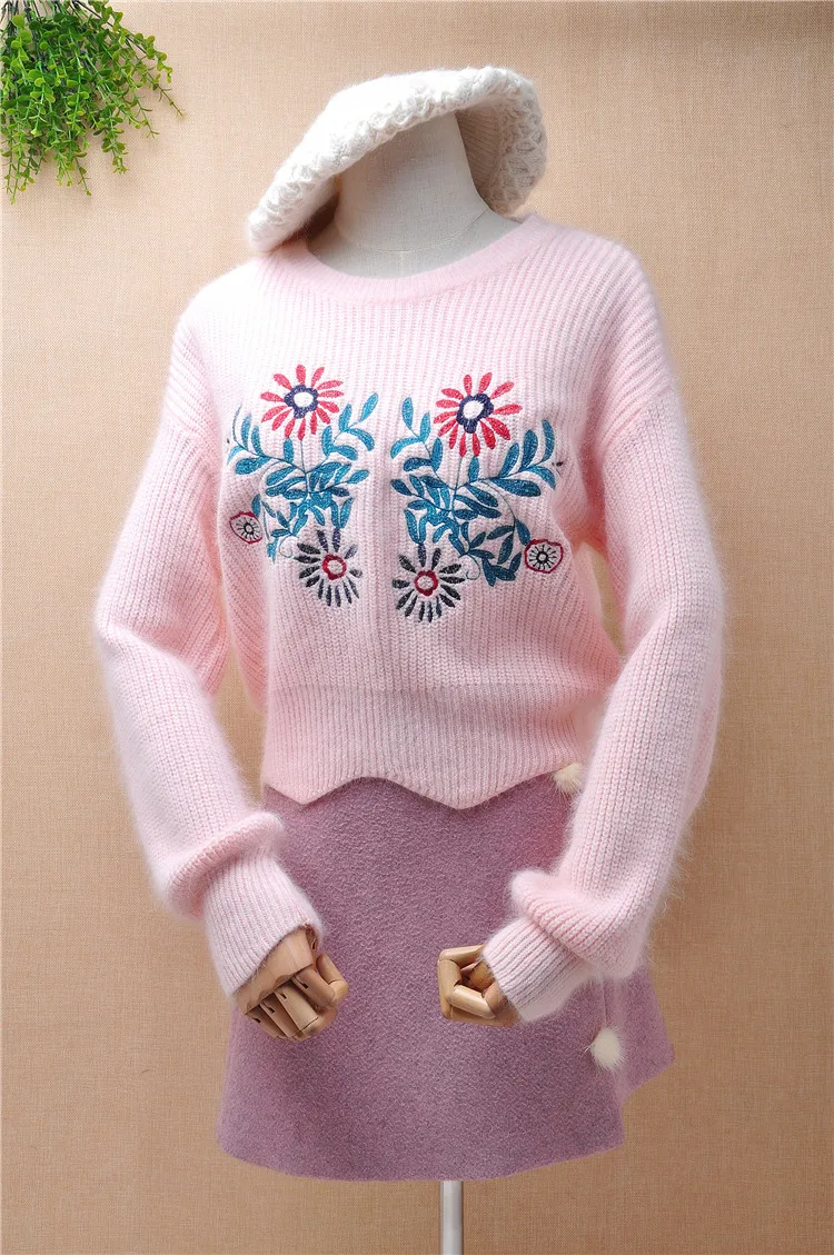 

ladies women cute vintage pink floral embroidery short style crop top angora rabbit fur knitwear pullover winter jumper sweater