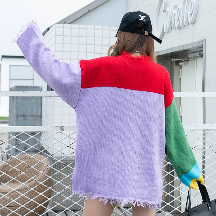 QING MO Patchwork Color Women Sweater Cat Printed Pullovers 2019 Autumn Winter Chic Casual Style ZQY1486 Женская одежда