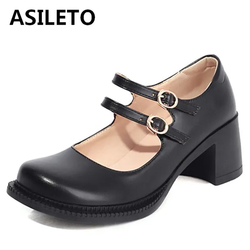 

ASILETO 2021 Spring Fashion Cute Solid Pumps Mary Jane Round Toe Leather Concise Buckle Strap 6cm Square High Heel Size 33-42