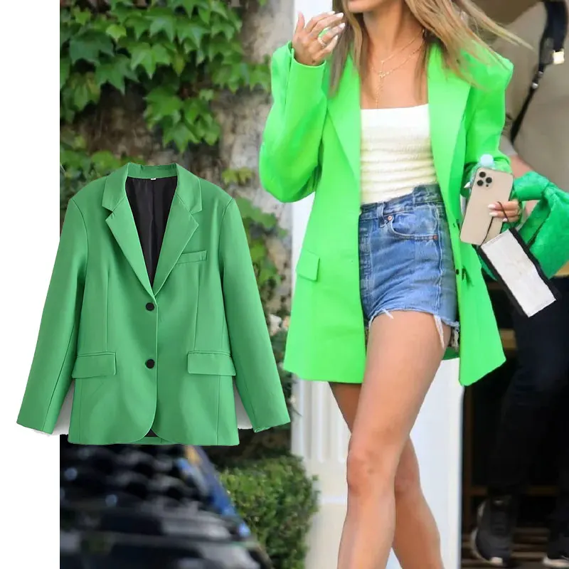 

Женский однобортный Блейзер Za, зеленый офисный Повседневный пиджак, верхняя одежда, 2021