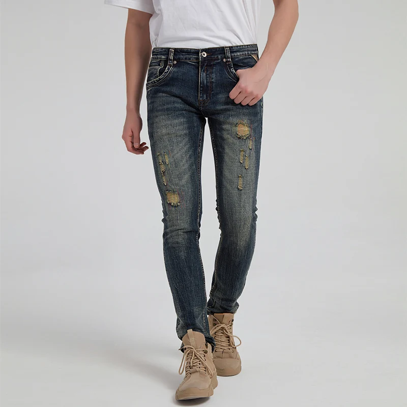 

Italian Vintage Fashion Men Jeans Retro Black Blue Elastic Slim Fit Ripped Jeans Men High Quality Designer Cotton Denim Pants