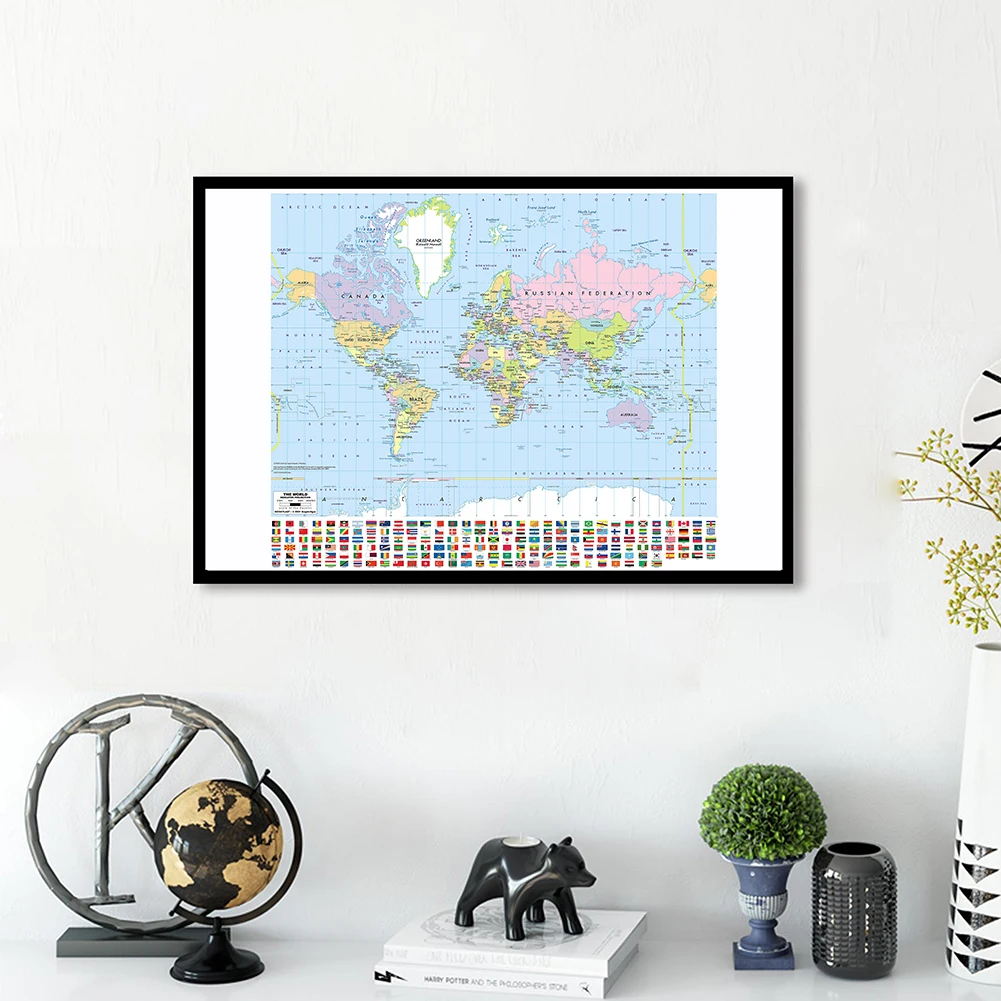 A1 SizeThe World Map with National Flags In English Canvas Painting Wall Poster And Prints Classroom Home Decor School Supplies
