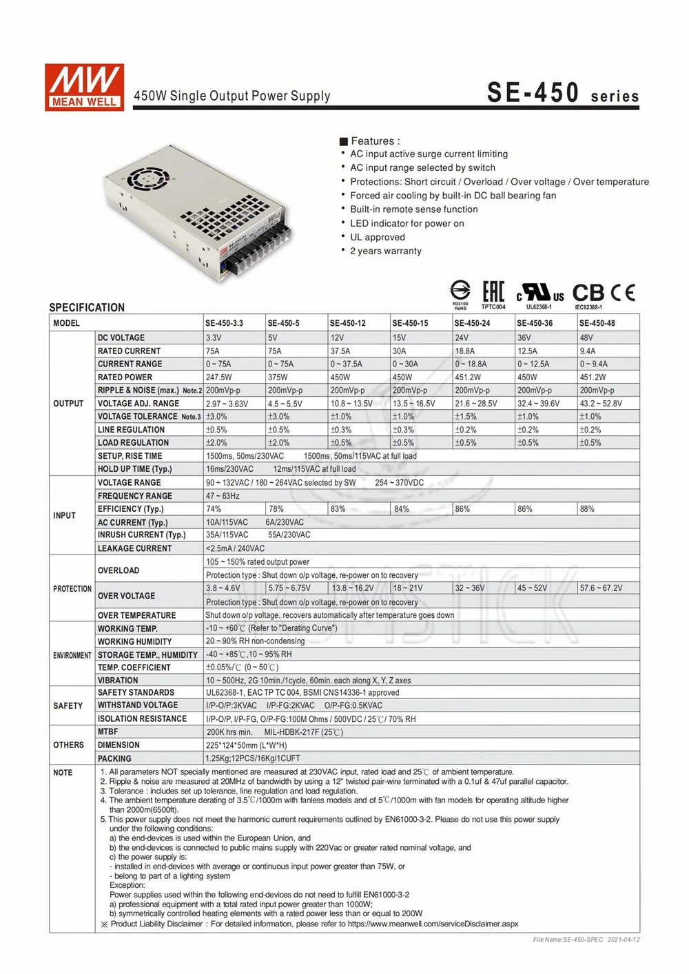 (Только 11 11) Среднее хорошее SE-450-48 (2 шт.) 48В 9.4A meanwell SE-450 451 2 Вт одиночный выходной