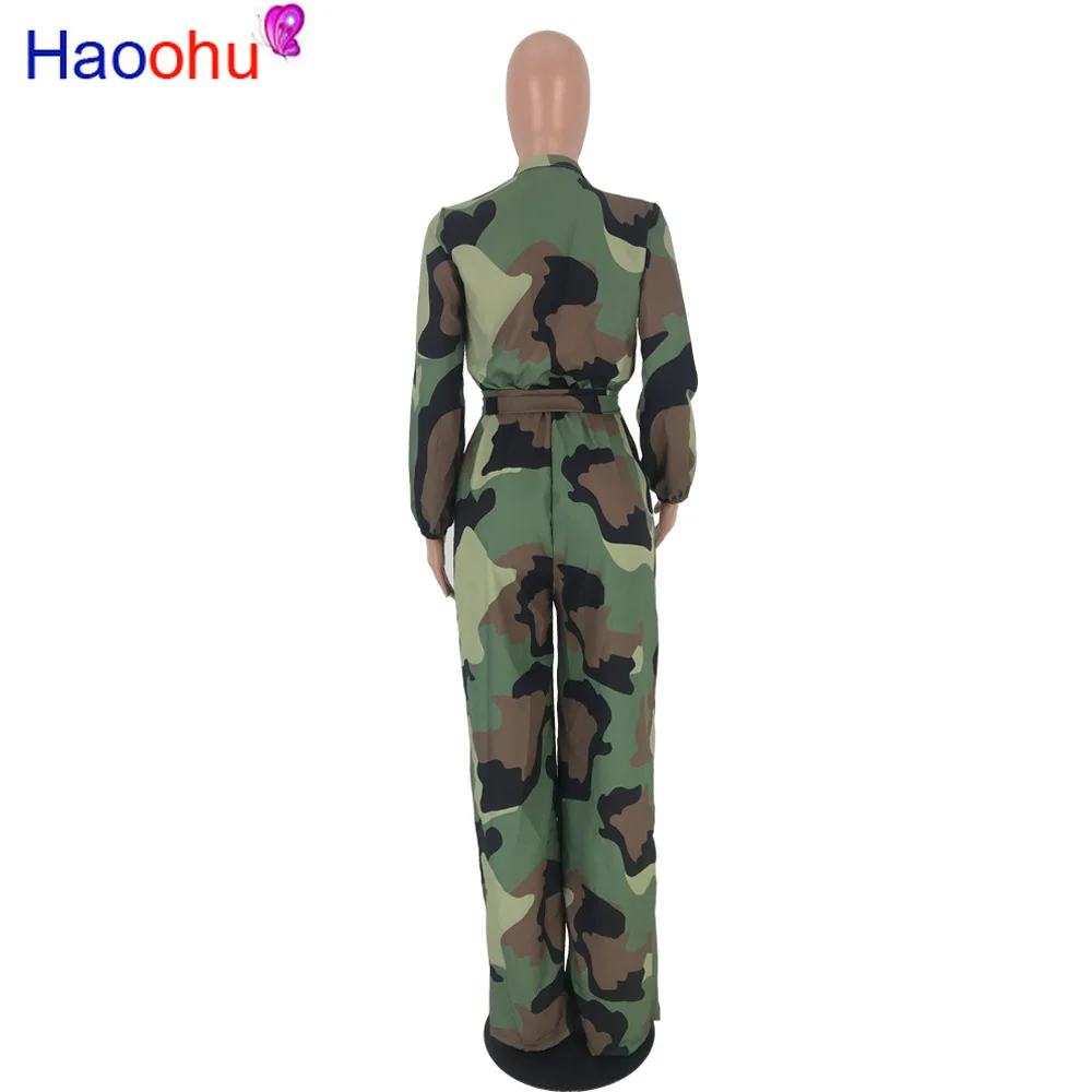 

Autumn Women Camouflage Print Long Sleeve Button Jumpsuit Turn-down Neck Military Straight Sashes Romper Casual Playsuit