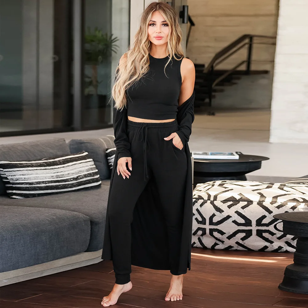 

Loose Knitted Suits for Women Casual Vest Long Length Coats Long-sleeved Elastic Trousers Sports Pants Solid Three-piece Set