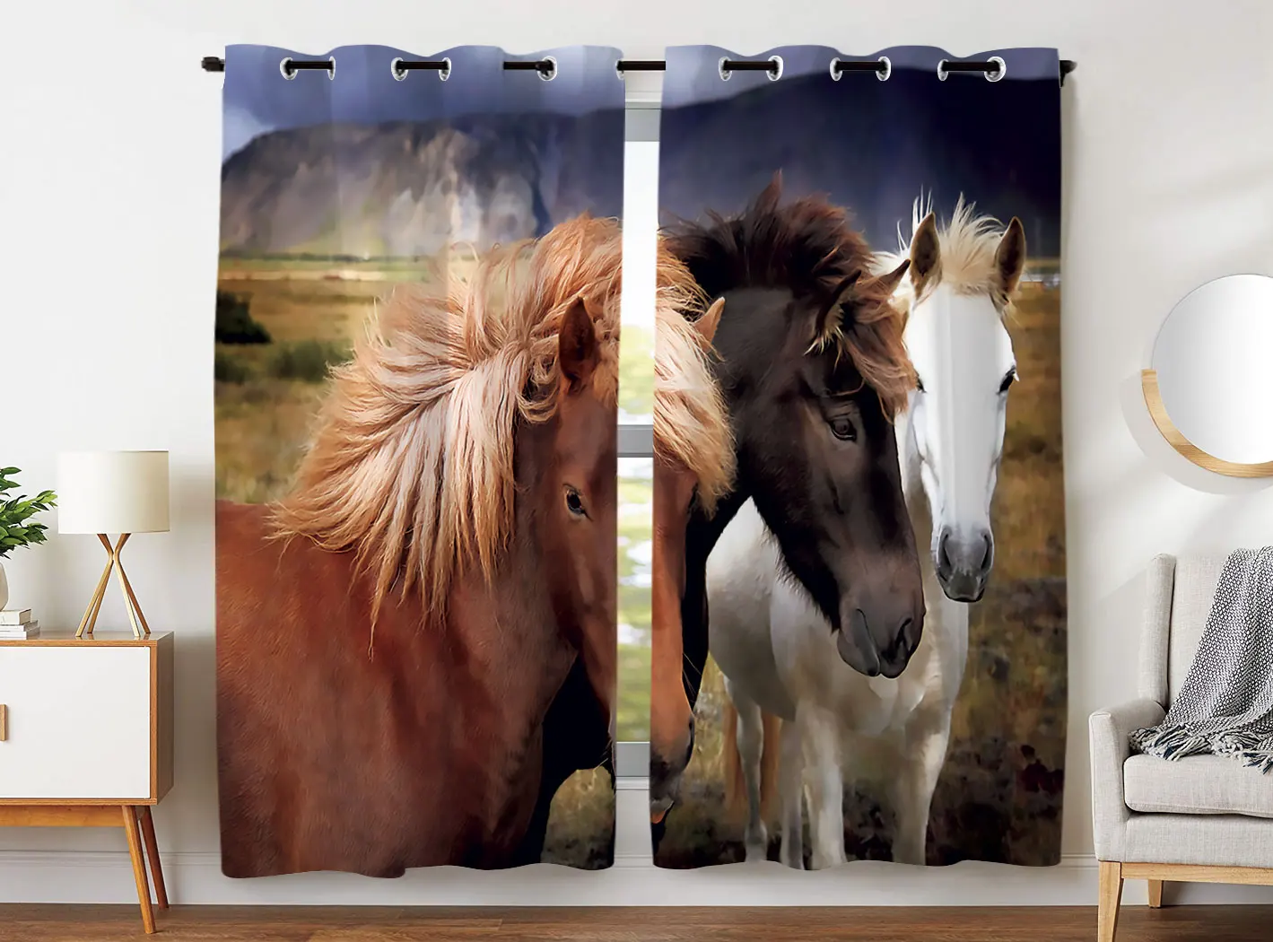 

HommomH blackout curtains (2 panels) top perforated bedroom high quality fabric curtain grassland horse
