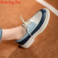 krazing pot comfortable cow leather med heels casual spring shoes loafers mixed colors platform round toe dress women pumps l3f2