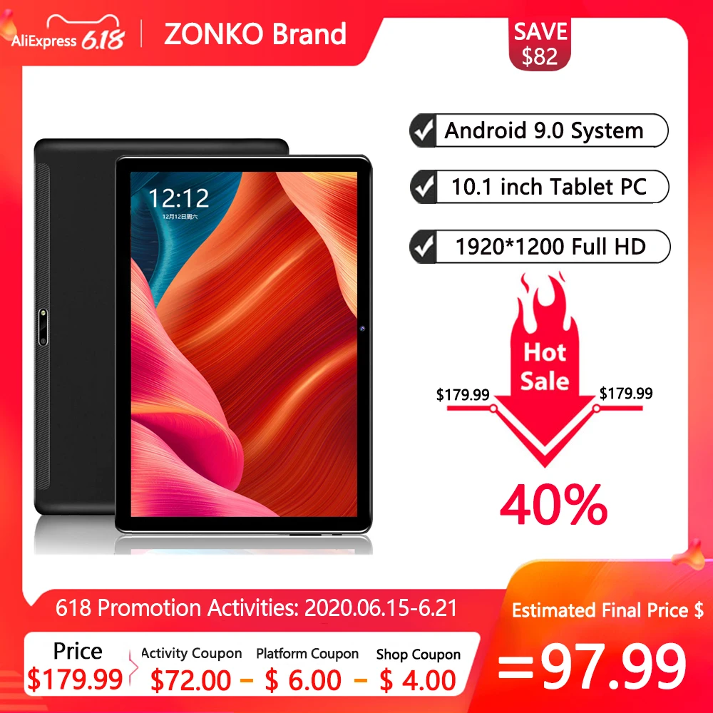 ZONKO планшет 10 дюймов Android 9 0 планшетный ПК 5G Wifi Восьмиядерный 1920*1200 IPS 2G RAM 32G ROM