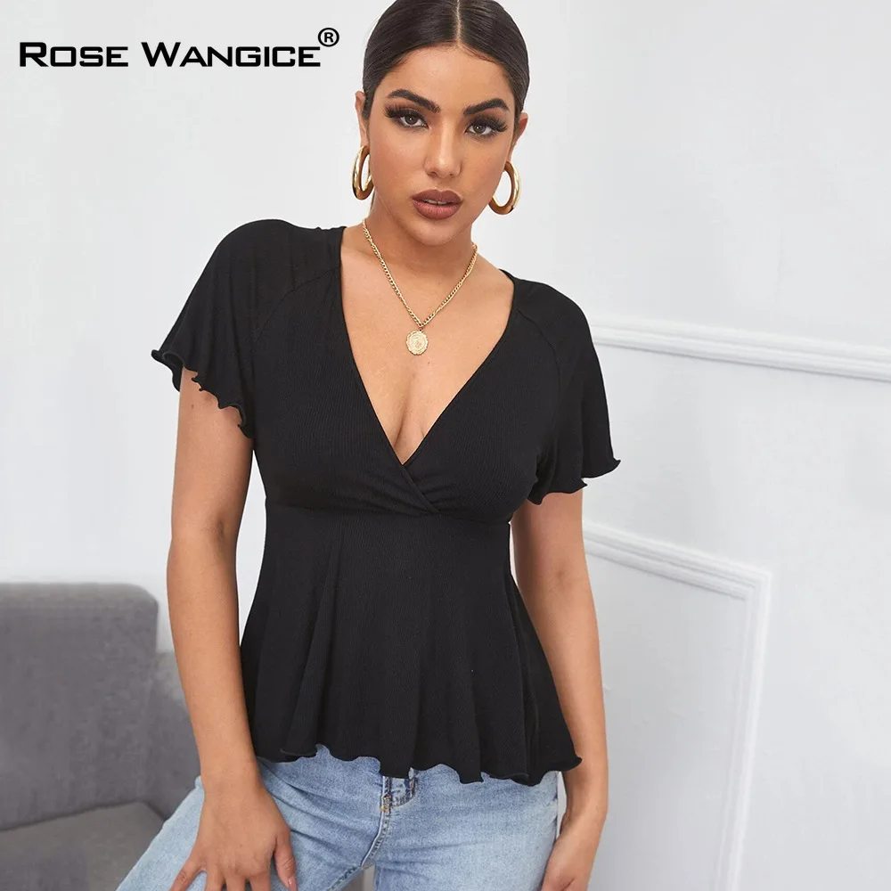 

Comfortable Sexy Big V-neck Waist T-shirt Temperament Commuting Flounce Hem Women Clothing Summer Black Short-sleeved Sweater