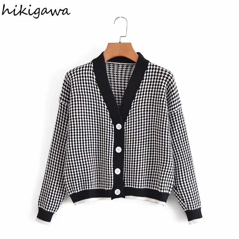 

Hikigawa Autumn Cardigan Women Korean Fashion V Neck Long Sleeve Single Breasted Sweater Vintage Contrast Color Loose Sweaters