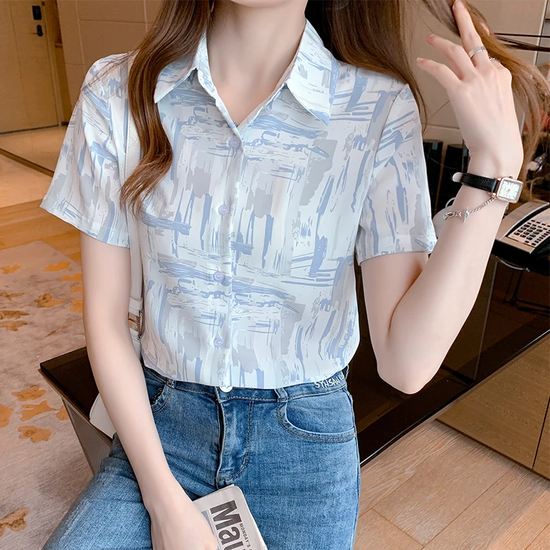 

Retro summer Womans Korean Tie Dye short Sleeve Shirt ladies tops button up shirt Fashion lapel Womens shirt dropshipping