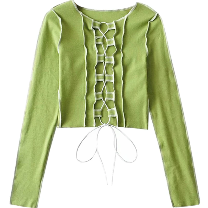 

Sexy Rope Hollow-out Slim Fit Small Top Scheming Bright Line Long Sleeve High Waist Small Shirt Ins Hot Girl Lace-up Shirt