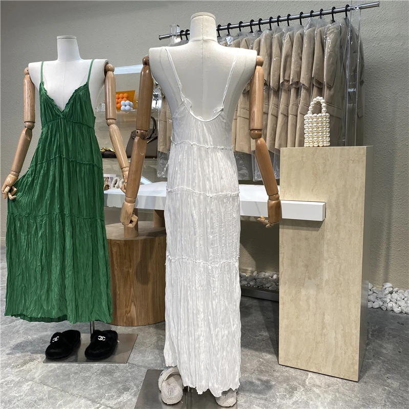 

Goddess Fan Niche Design Pleated Suspender Skirt 2021 New Gentle Style V-neck Wood Ear Over-the-knee Dress
