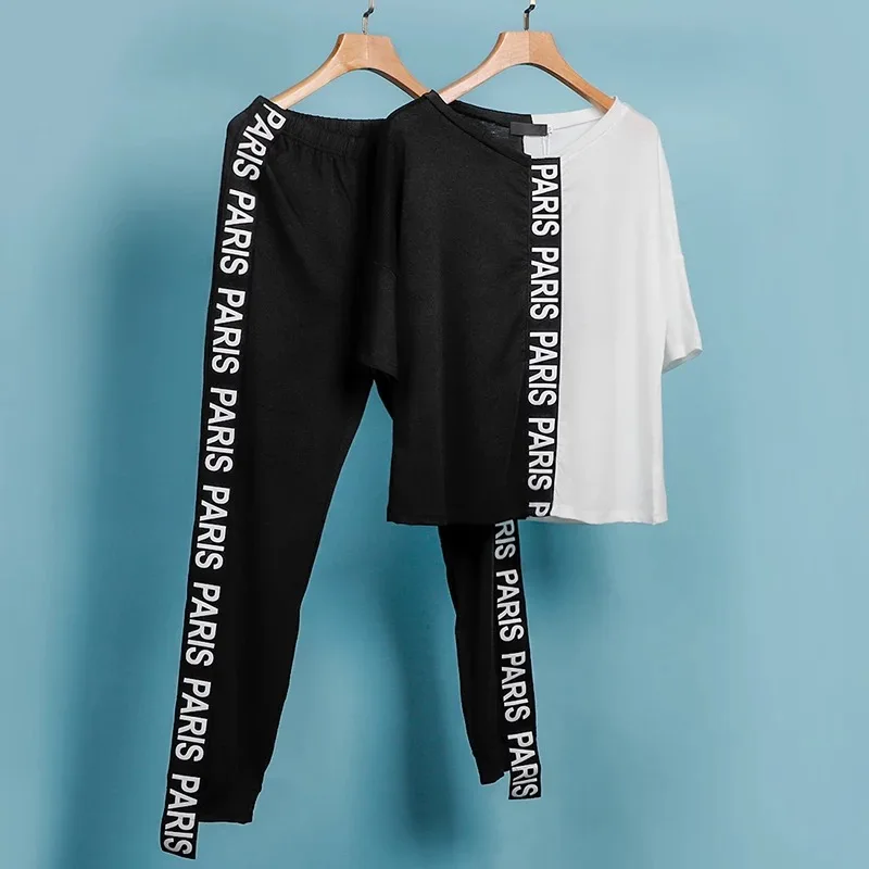 

Off Shoulder Tracksuit Sets Women's 2 Piece Set Letter Print Short Sleeve Female Top Suit 2020 Summer Sport Pant Suits Ladies