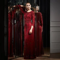 free shipping robe de soiree crystal red lace sleeves long evening dress 2018 new fashion vestido de festa longo formal dresses
