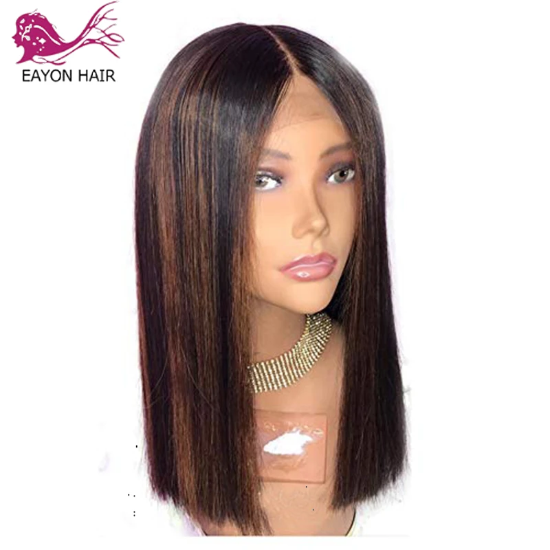 

EAYON 5x5 Silk Base Closure Wig With Highlight Color Brazilian Remy Human Hair Lace Front Wigs Middle Part Silky Straight Wigs