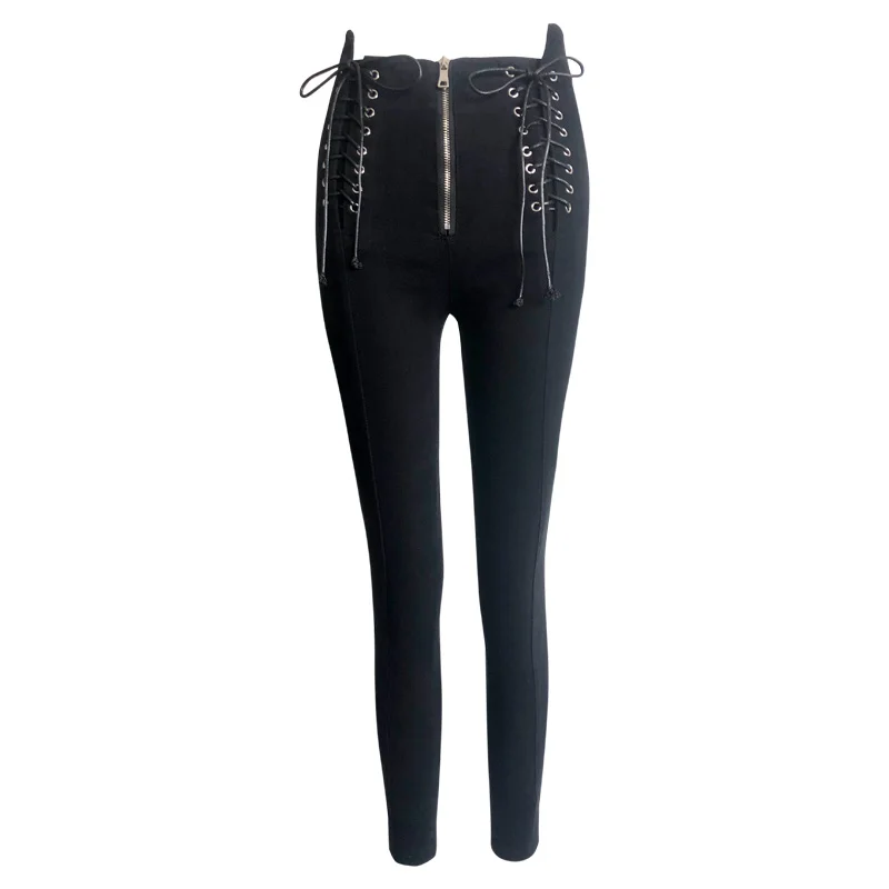 

Women Autumn Stretch Black Trousers Autumn Winter Zipper High Waist Cross-Tied Pencil Pants Punk Biker Slim Pants Female S-XL