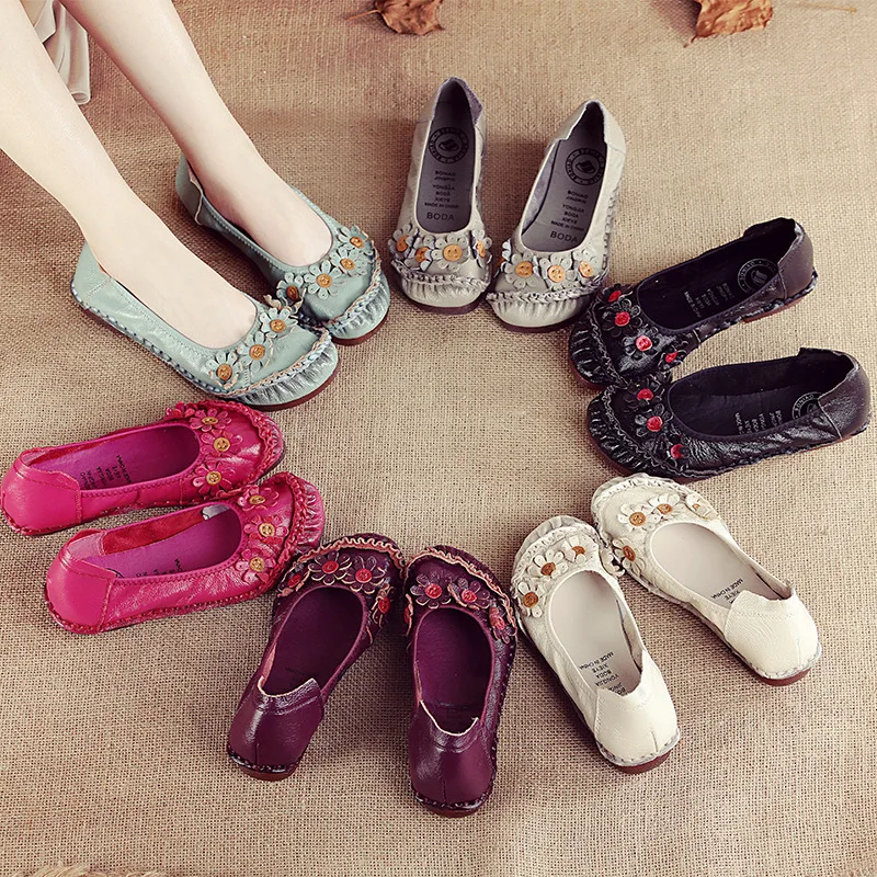 

Pop Newest Summer Autumn Vogue Flower Design Round Toe Casual Women's Shoes National Wind Genuine Leather Women Flats Girl