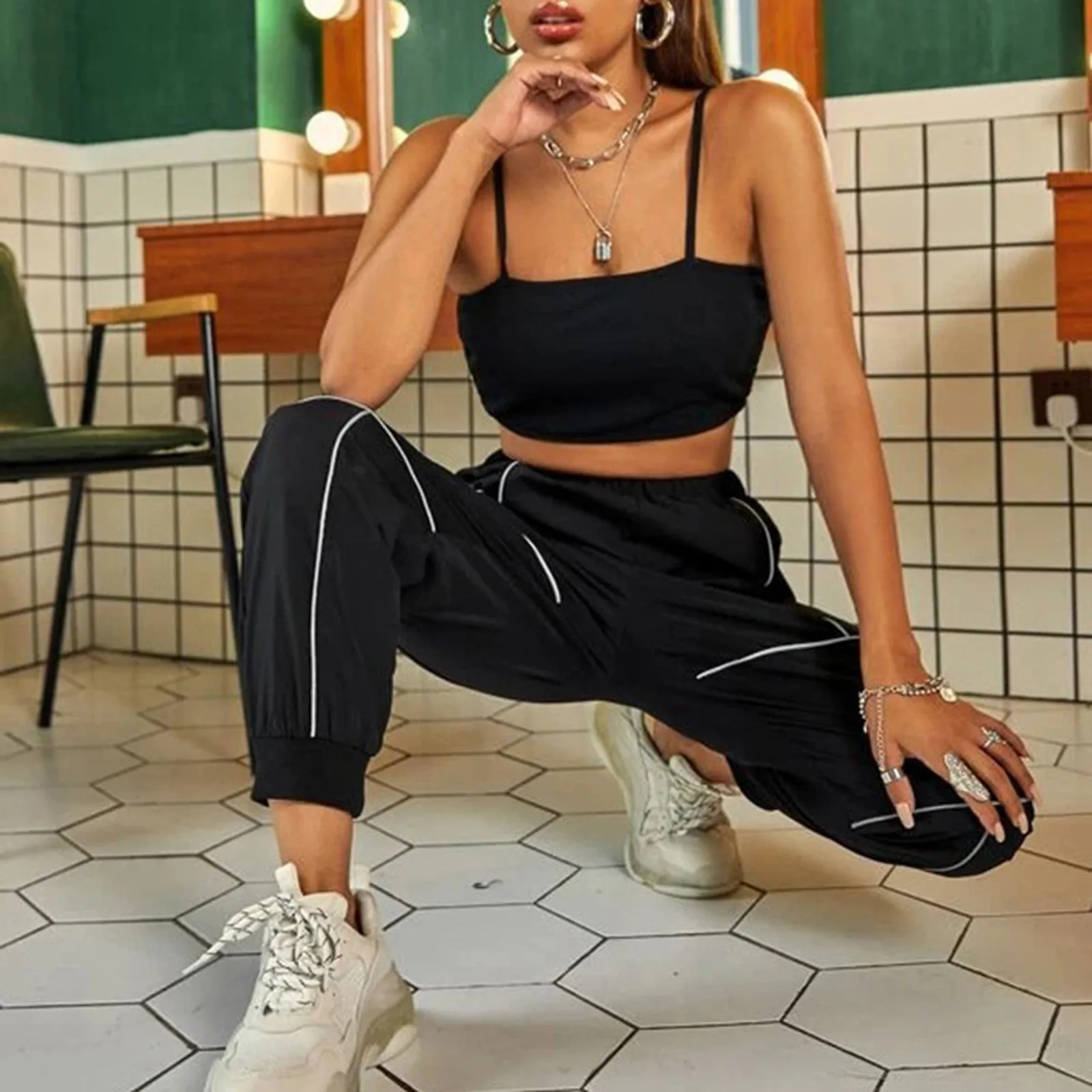 

Fashion Sweatpants Women's Reflective Strip Beam Pants Casual Sports Trousers Cargo Pants Pantalon Femme Pantalones Anchos Mujer