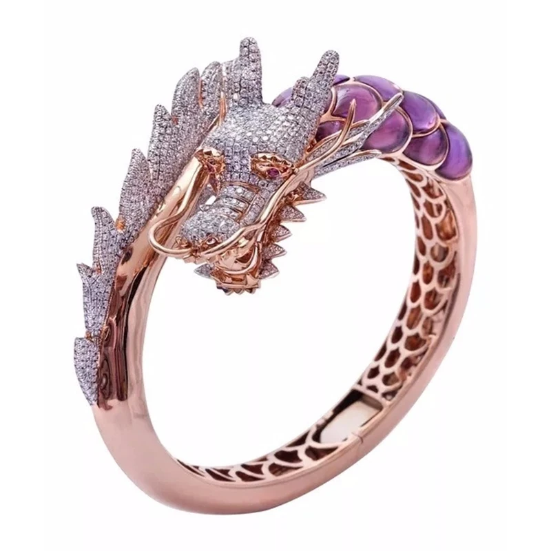 Boho Vintage Female Dragon Animal Statement Ring Rose Gold Crystal Purple Opal Engagement Jewelry Wedding Band Rings for Women