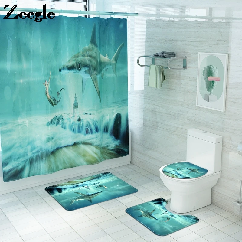 

Zeegle Bath Mat and Waterproof Shower Curtain Set Microfiber Mat Non-slip Bath Carpet Toilet Mat Absorbent Bathroom Foot Mat Set