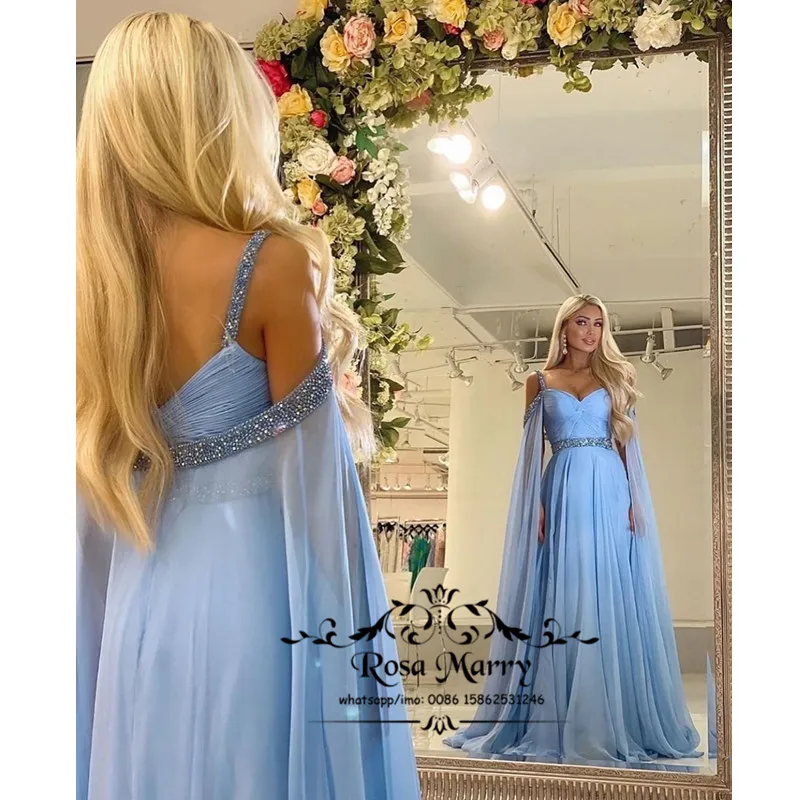 

Ice Blue Caped Plus Size Prom Dresses 2020 A Line Sequined Beaded Ruffles Long Chiffon 2K20 Girls Formal Vestido De Festa Noche