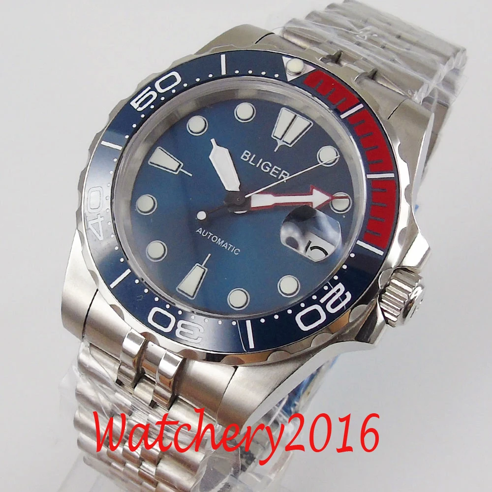 

40mm Bliger Blue Dial Sapphire Ceramic bezel Date Luminous Automatic men's Watch