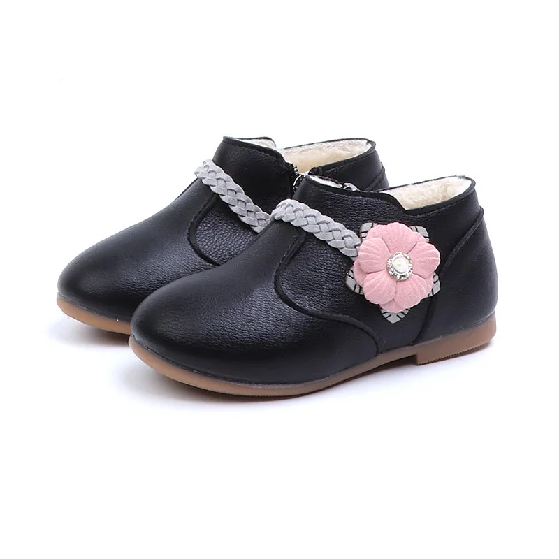 Black plush Детские ботинки осень-зима, цветочный узор, на молнии, из искусственной кожи, зимняя обувь для девочек сапоги "Принцесса" Детские Обувь на теплом меху и плоской резиновой подошве для девочек; розовый - Цвет: Black plush