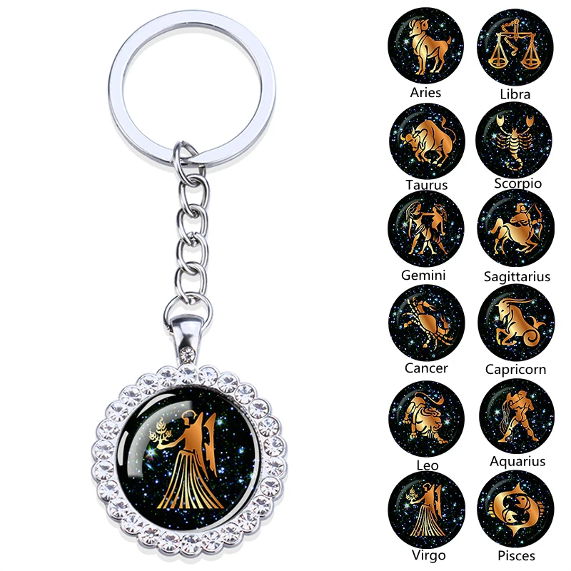 

12 Zodiac Sign Keychain Trinket Shiny Rhinestone Pendant Keyring Scorpio Leo Taurus Virgo Constellation Keyholder Birthday Gift