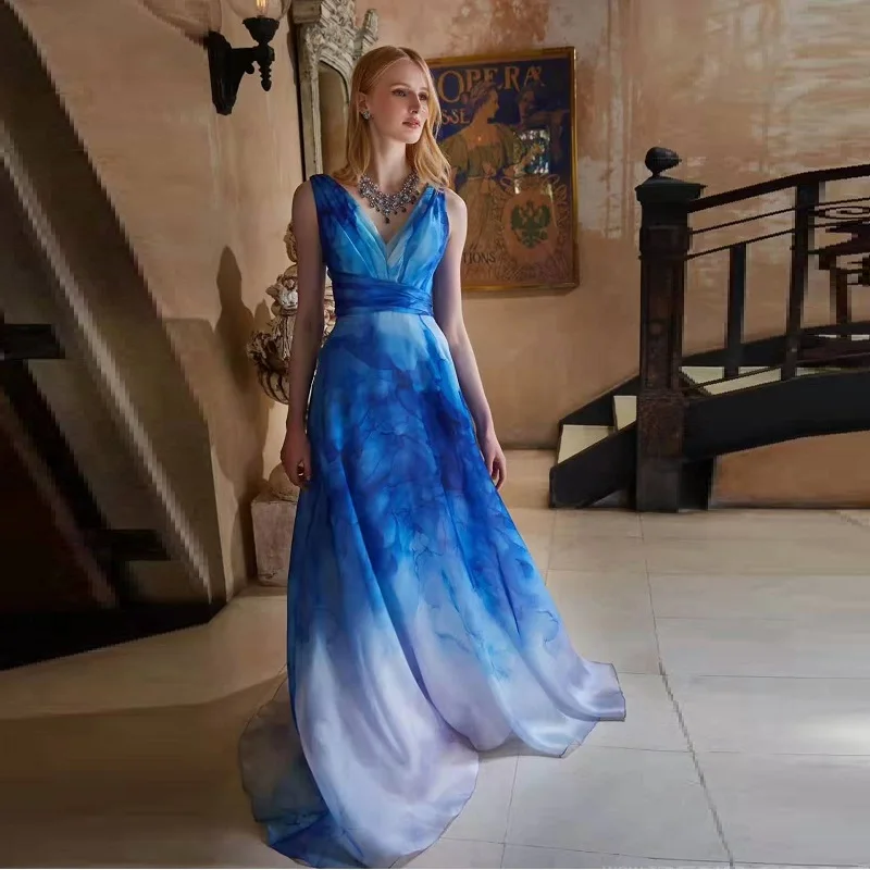 2019 модные градиентные Синие сексуальные v-образным вырезом без рукавов Длинные