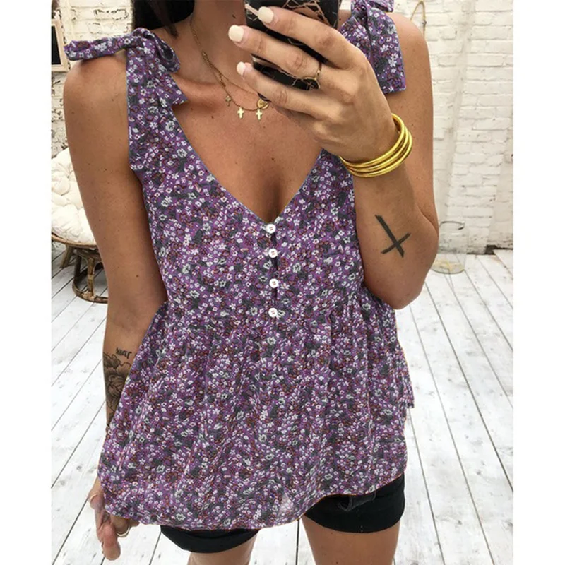 

Summer Popular Suspender Print V-Neck Top Yellow Red Purple Blue Blouse Women