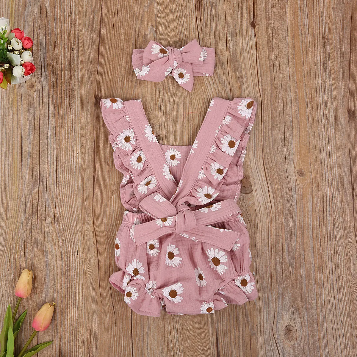 

New Baby Girls Two Piece Clothes Set Sleeveless Square Collar Romper + Bow Knot Headdress Pink / Yellow 0-24 Months