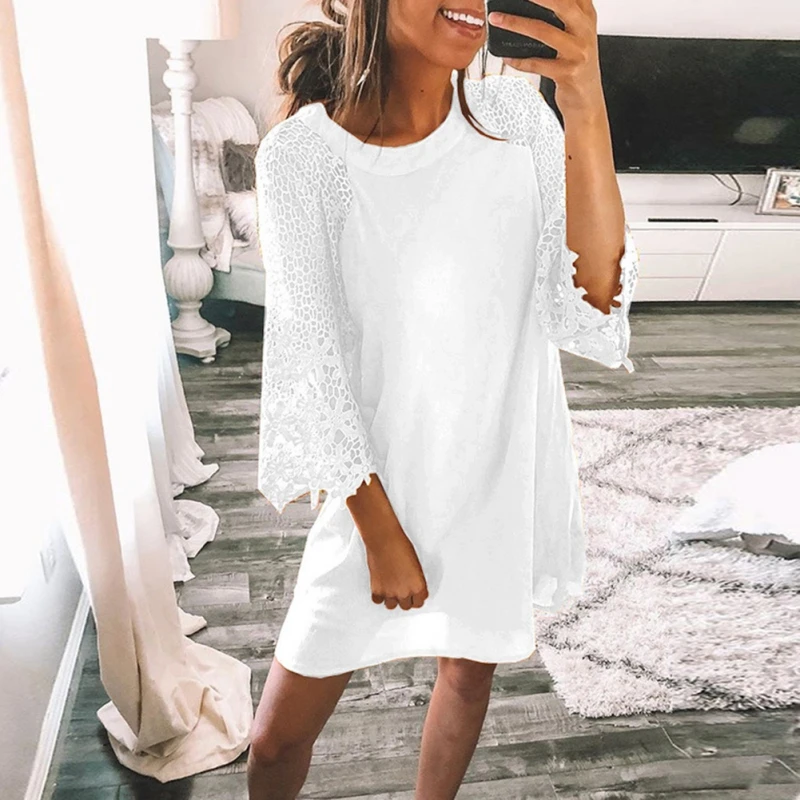 

ROPALIA Women Elegant Dress Female Splicing Dress Floral Hollow Out Solid Color Loose Casual Dress