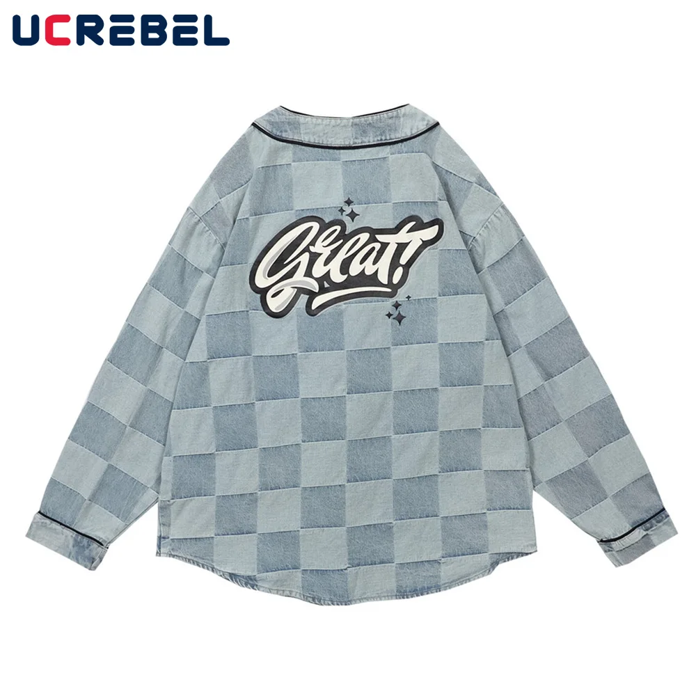 

Checkerboard Grid Denim Jacket Mens High Street Casual Letter Print Outerwear Autumn Streetwear Small Plaid V-neck Jacket Men