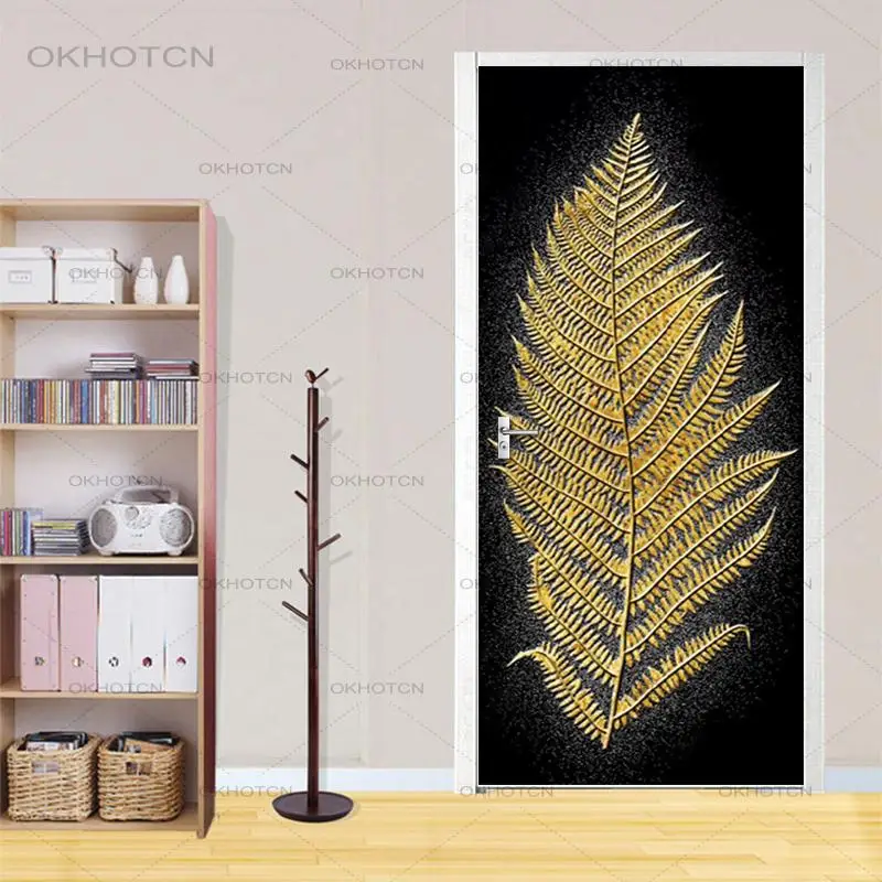 

3D ПВХ наклейка на дверь Золотые листья настенная наклейка DIY самоклеющиеся водонепроницаемые обои абстрактный стиль домашний декор наклей...