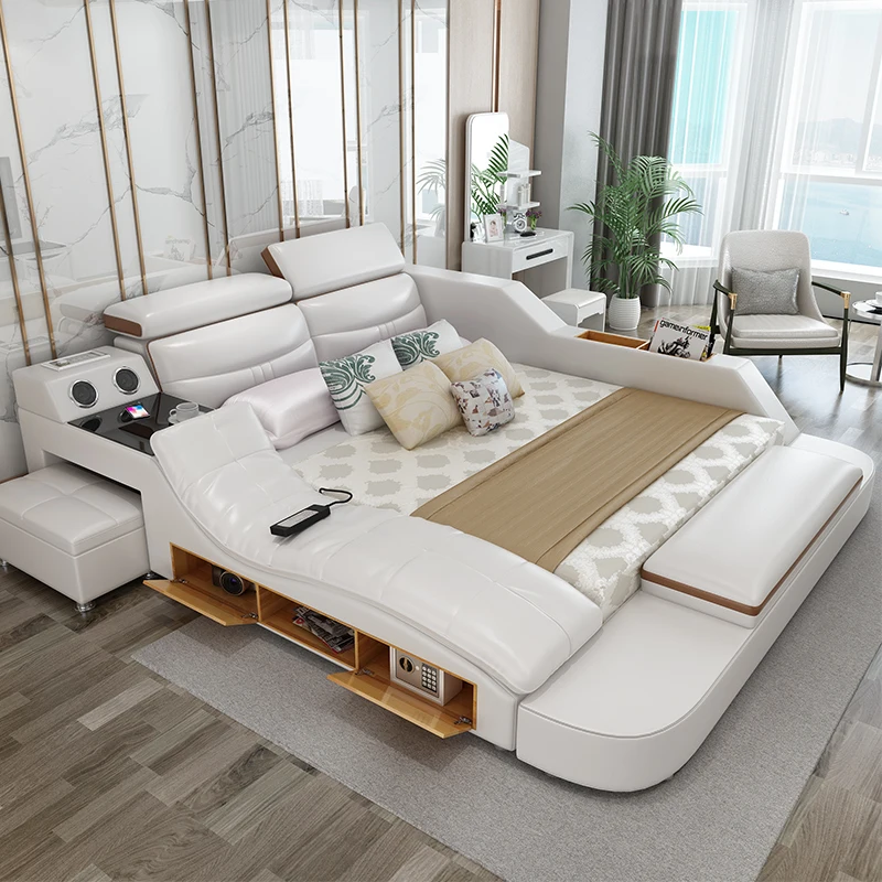 Black leather bed modern style bedroom sets with massage and speaker | Мебель