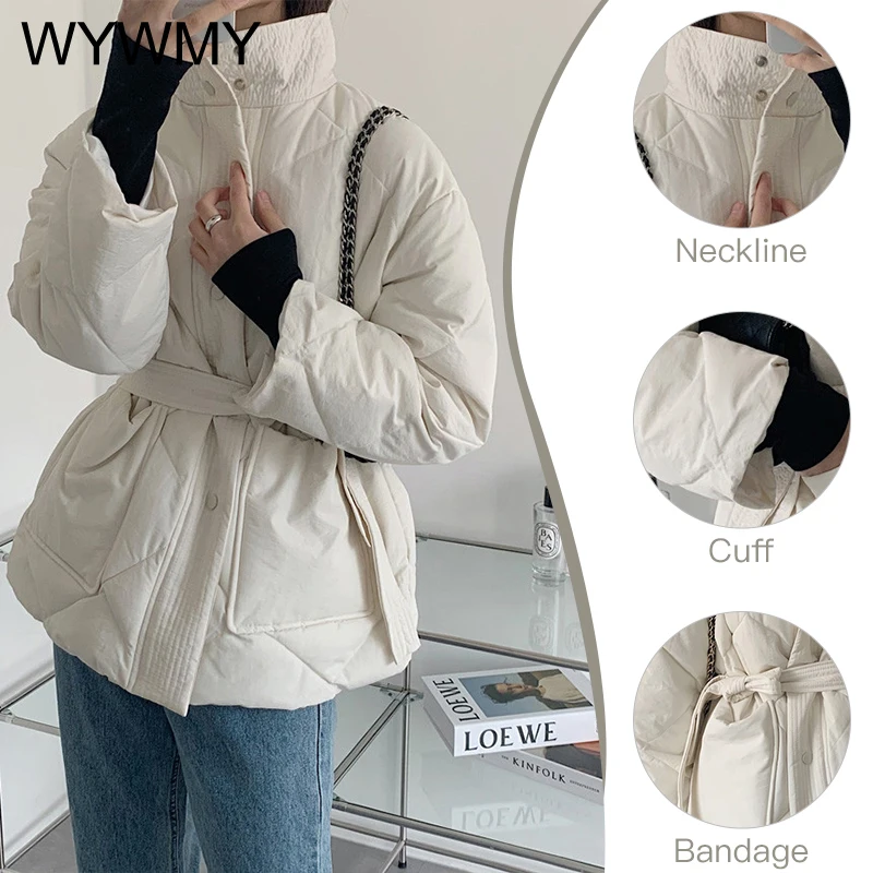 WYWMY Women's Winter Thick Cotton Padded Coats Single-breasted Zippers Lace-up Female Parkas Stand Collar Cotton Jackets Female