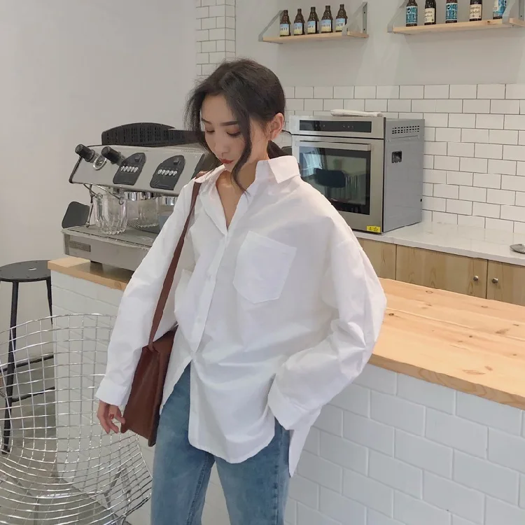 

2021 Spring Autumn Women Shirts White Plain Loose Oversized Blouses Female Tops Loose BF Korean Style Blusas Pockets