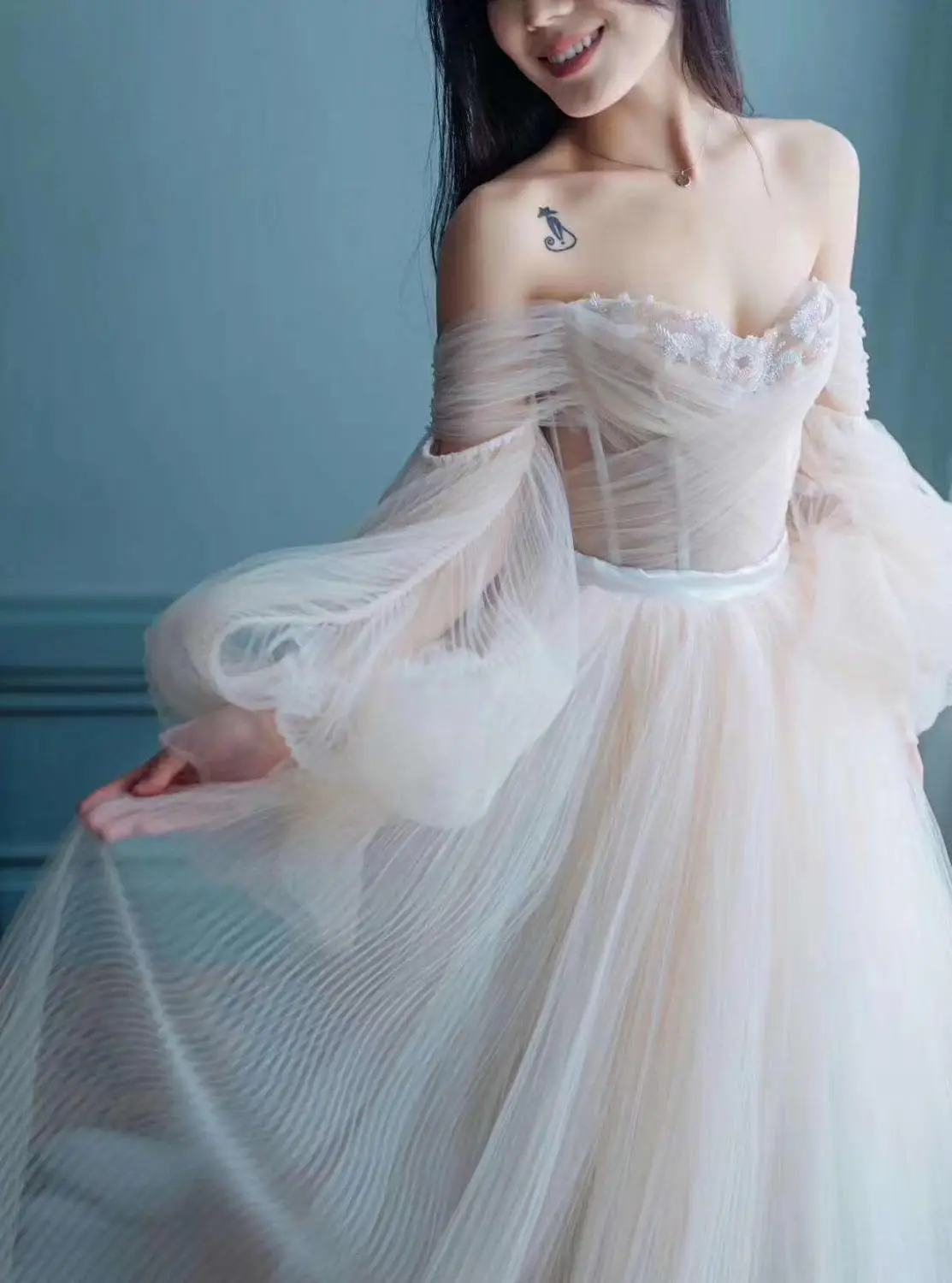 Balloon Sleeve Pleated Boho Wedding Dress
