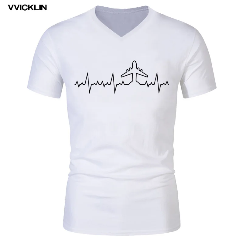 

Plane Pilot Heartbeat Funny Print T Shirt Men's Cotton Short Sleeve Plane Driver V-neck T-shirts 2021 Male Summer Streetwear
