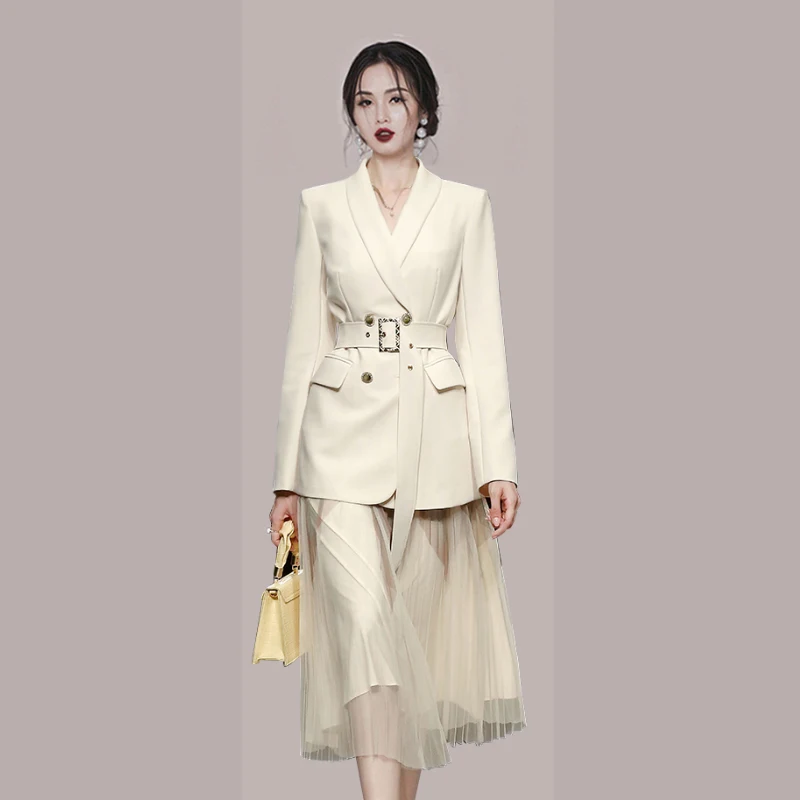 Early Autumn Elegant Office Women's Dress Set Solid Double-Breasted Blazers Jacket With Belt Mesh Base Strap Dress Two-Piece Set