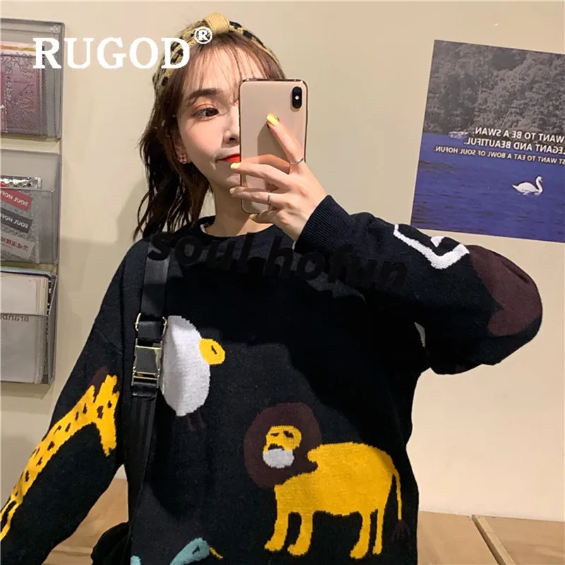 RUGOD/2019 новый зимний теплый черный женский свитер-пуловер с изображением животных