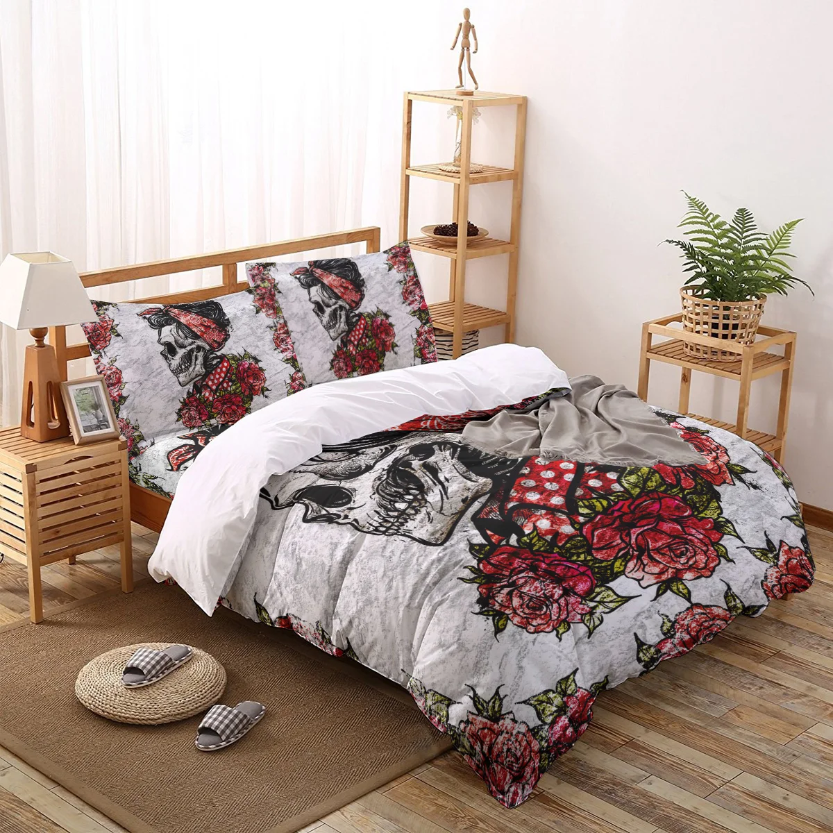Комплект постельного белья из одеяла с красными цветами и черепом Мексиканский 4