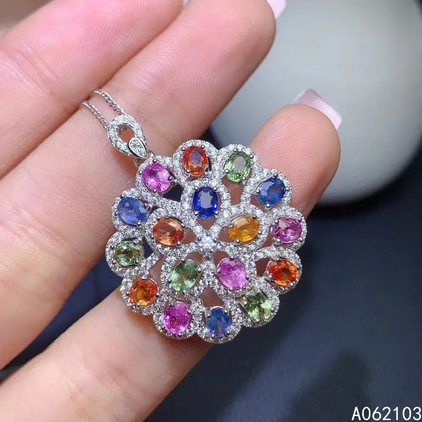 

KJJEAXCMY fine jewelry 925 Sterling Silver inlaid Natural color sapphire Women's luxurious and noble flower GEM PENDANT NECKLACE