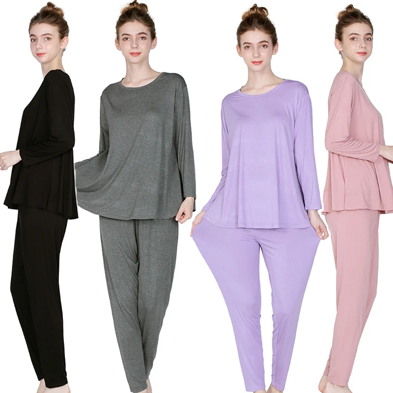 

Ladies pajamas suit plus fat plus size long-sleeved trousers pure cotton solid color Homewear Two-piece Set JJF0032