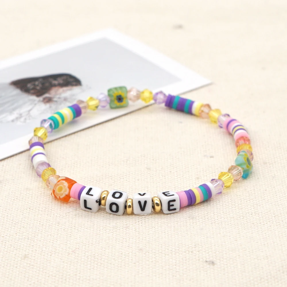 

Go2Boho Valentine's Bracelet Quartz Crystal Bracelets for Women Multicolor Beaded Letter LOVE Elastic Pulseras Summer Jewelry