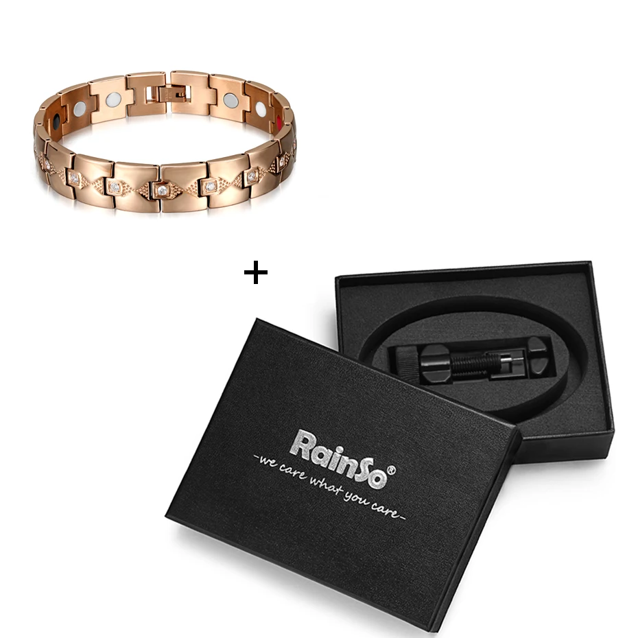Rose gold with box Rainso, модный стиль, нержавеющая сталь, магнитный, 4 в 1, Био энергия, забота о здоровье, золотой циркон, браслеты и браслеты для женщин, хорошее ювелирное изделие - Окраска металла: Rose gold with box