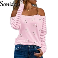 2021 autumn new love printing t shirt sexy one word collar off shoulder long sleeve t shirt casual loose pullover tops